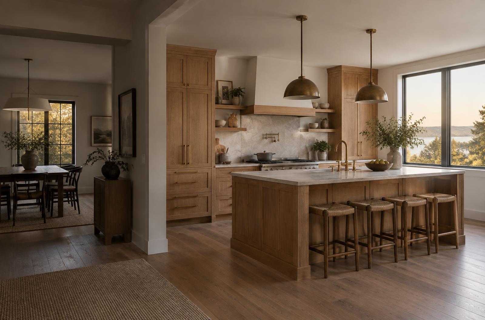 Finished kitchen renovation with custom wood cabinetry and a stone island